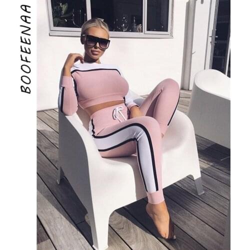 BOOFEENAA 2020 Fall Winter Tracksuit Women Two Piece Set Top and Pants Striped Color Block Sweat Suits Sexy Jogger Set C78-AE71