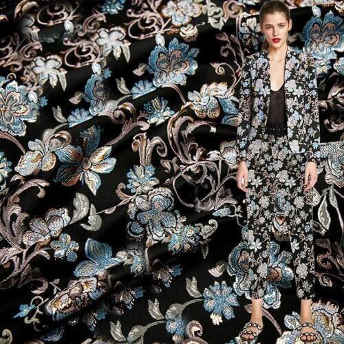 HLQON new arrival gold line yarn dyed brocade jacquard lake blue fabric for dress women clothing tissue patchwork 145cm width