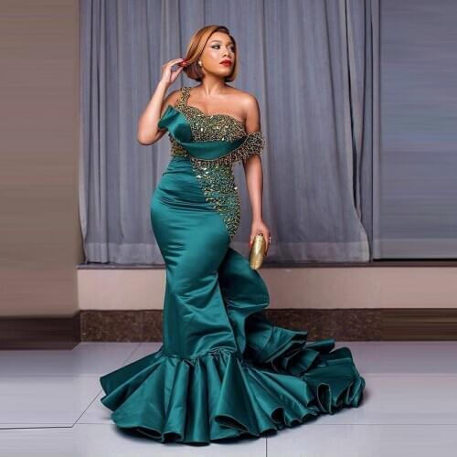 Emerald Green Evening Dresses Mermaid Tiered Ruffles Ballkleid One Shoulder Beadings Appliques Formal Prom Gowns
