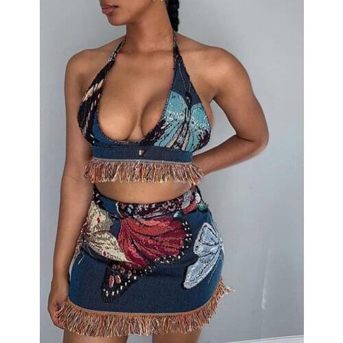 Butterfly 3D Print Tassel Tie Up 2 Piece Outfits Club Halter Bandage Top and Skirt Baddie Clothes Matching Sets Skinny