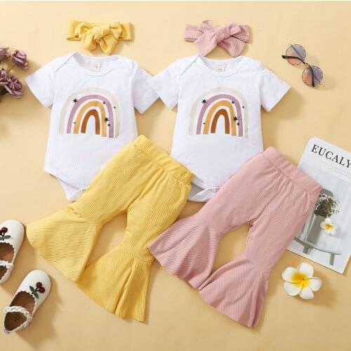 Toddler Girls Summer 2pcs Knitted Suit Rainbow Print O-Neck Short Sleeve Romper+ Ribbed Flared Trousers+ Headband Newborn Set