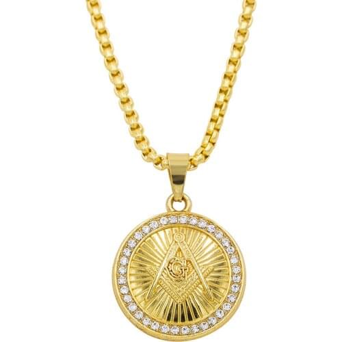 Fashion Gold Mens Necklace Round Pendant Masonic 24Inch Box Chain Freemason Necklaces Male Punk Jewelry