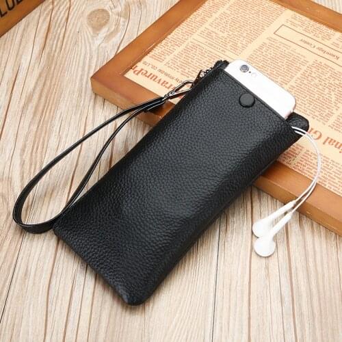 100% Cowhide Leather Male Clutch Large Capacity Mens Handbag for Cell Phone Mutifuctional Satchel Fashion Wallet for Cards Purs