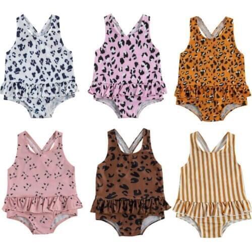 2021 New Summer Infant Baby Girls Swimsuit Leopard Print U-shaped Neck Cross Strap Ruffle Swimwear One-piece Clothes