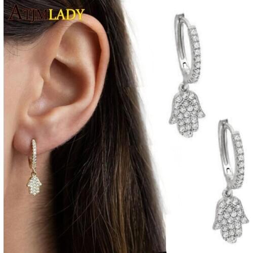 2020 new arrived micro pave clear cz hamsa hand fatimas hand charm dangle earring for women classic silver color cz jewelry
