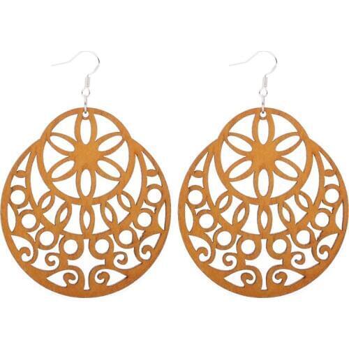 12 Pairs Good Quality Wood Earrings Organic brown Hollow African Woman Wooden Brincos Pendant 6x5.5cm