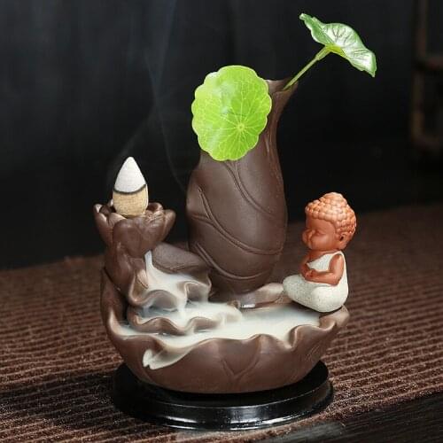 Free Cone Incense Holder Monk Zen Buddha Waterfall Backflow Smoke Fountain Purple Clay Incense Burner Living Room Decoration