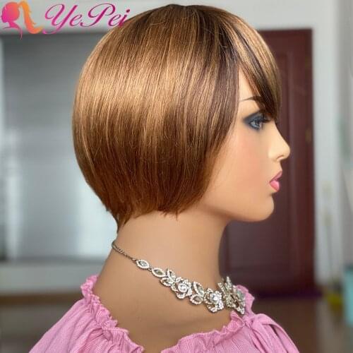 Ombre Straight Human Hair Wigs For Black Women Short Pixie Cut Wigs With Bangs Brazilian Remy Full Machine Bob Wig