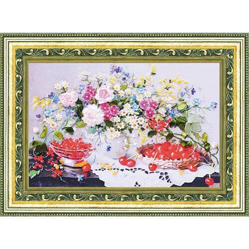 Needlework,DIY Big Ribbon Cross stitch Sets for Embroidery kit,Love Cherry vase flowers Cross-Stitch handwork Home wall decor