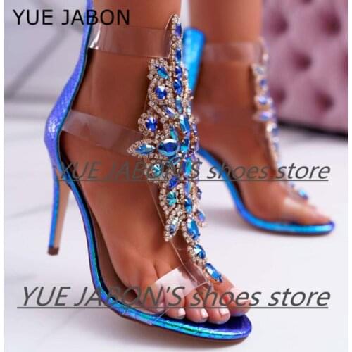 Sexy PVC Transparent Gladiator Sandal Boots Woman Open Toe Zip Rhinestone Diamond Shoes High Heel Shoes Women Colorful booties