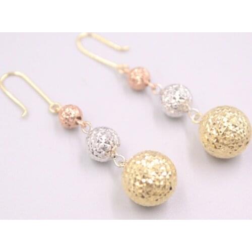Pure 18K Multi-Tone Gold Earrings Women Best Gift 3 Carved Round Ball Dangle Colorful Earrings / 4.4g