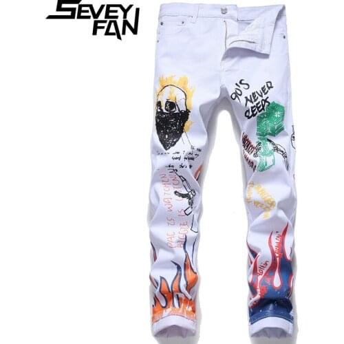 SEVEYFAN Letters Skull Graffiti Jeans Mens Hip Hop Flame Printed Nightclub Denim Pants for Male