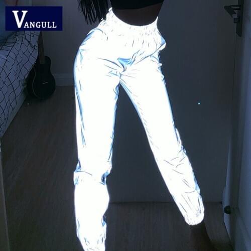 Vangull New Reflective Long Pants Women Elastic Waist Female Sports Trousers Lady Spring Street Style Fashion Baseball Pants