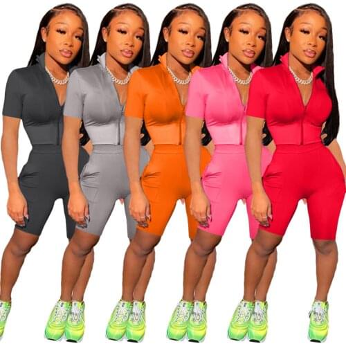 Sportwear Solid Shorts Suits Front Zipper Lapel Short Sleeve Tops Bodycon Tight Knee-Length Shorts Athletic Workout Tracksuits
