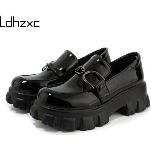 LDHZXC Women Plus Size 46 Shoes All Season British Student Work Bottom Goth Shoes Woman Platform Womens Pu Leather Shoes Luxury