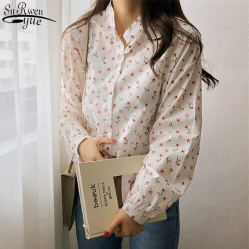 Korean Sweet Long Sleeve Printed Chiffon Blouse Turn Down Collar OL Style Womans Shirts Loose Basic Femme Blouses 10148