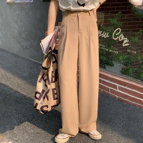 2021 Women Summer Loose Long Wide Leg Pants High Waist Zipper Suit Pants Khaki Straight Trousers Floor Length