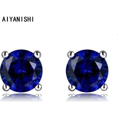 AIYANISHI 925 Sterling Silver Women Earrings 6/8mm Sapphire Round Gemstone Retro Classic Style Fashion Women Jewelry Wholesale