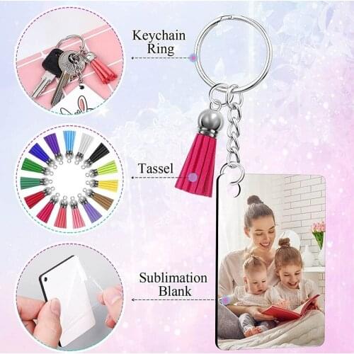 120pcs Rectangular Blank Keychain with Leather Tassel Pendant Jump Rings DIY Heat Transfer Blank Key Ring Accessories