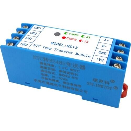 2-channel NTC to RS485 Temperature Acquisition Module Transmitter 2-channel 10K Thermistor High Precision RS13
