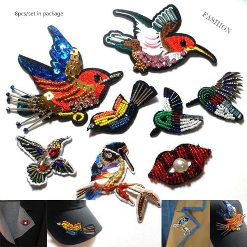 8pcs/set DIY Handmade birds sequins beaded Patches for clothes Embroidery iron on mouth patch appliques for hats bags jeans