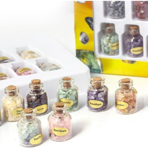9 Pcs/Set Mini Gemstone Bottles Chip Quartz Crystal Reiki Healing Tumbled Precious Stone Set for Collection Gift