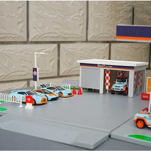 Alloy car gas station 1/64 scale alloy car model Gulf gas station scene simulation model collection gift set display