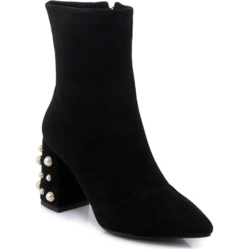 Big Size 9 10 11 Pearl zipper boots with pointed suede and thick heels