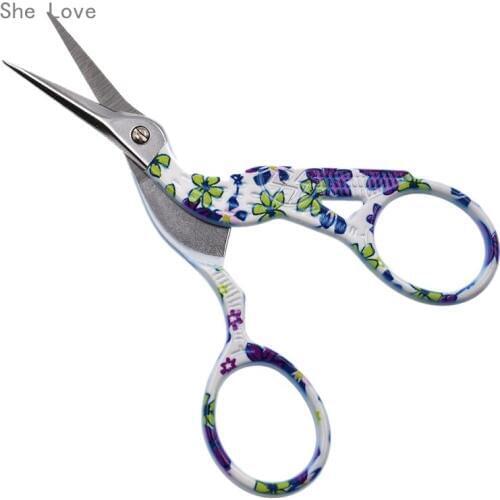Chzimade Flower Painted Sewing Scissors Heron Egret Shape Steel Vintage Tailor Scissors For Household Fabric Craft