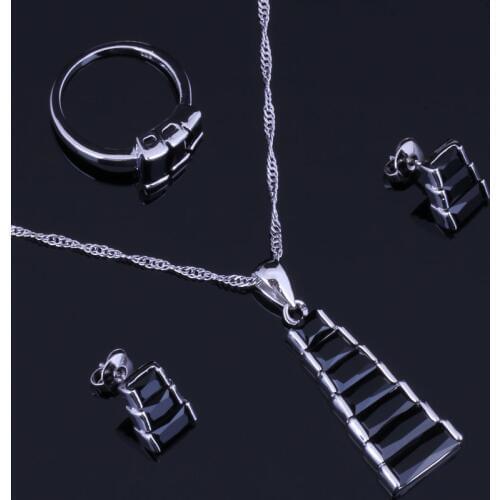 Precious Trapezoid Black Cubic Zirconia Silver Plated Jewelry Sets Earrings Pendant Chain Ring V0964