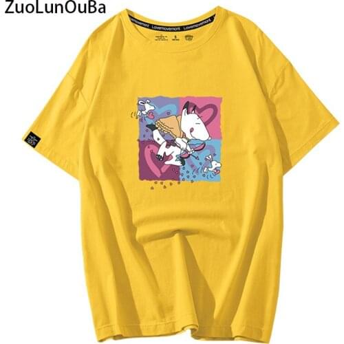 ZuoLunOuBa Summer Cotton Fashion Yellow Women T Shirt Print Launch Love Heart Naughty Puppy Casual Girl Tees Loose Tops Female