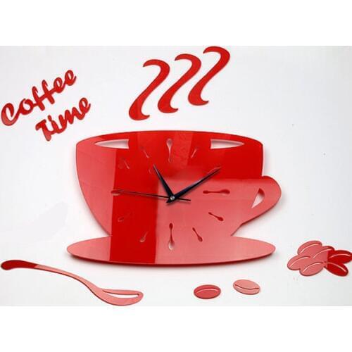 Hot sell creative 3D coffee cup clock pointer acrylic ultra quiet bedroom living room wall clock quartz clock Free Shipping