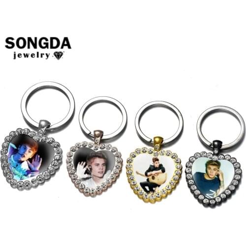 SONGDA Hot Pop Singer Justin Bieber Keychain Sparkling Rhinestone Heart Art Poster Glass Cabochon Key Ring Holder Gift for Fans