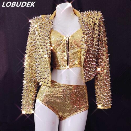 Gold Sequins Rivet Jacket Short Coat Bra Shorts Set Women Singer DJ Stage Outfit Nightclub Costume Bar Jazz Dancer Show Clubwear