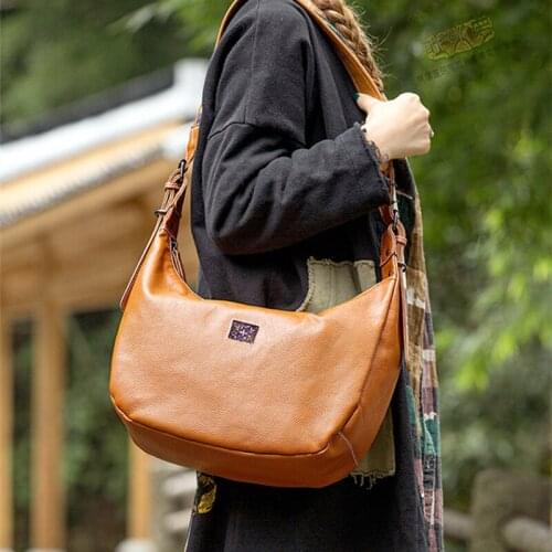 Leather Shoulder Bag Women Messenger Bag Handmade Embroidered National Style Large Capacity Diagonal Bag Simple Cowhide Big Soft