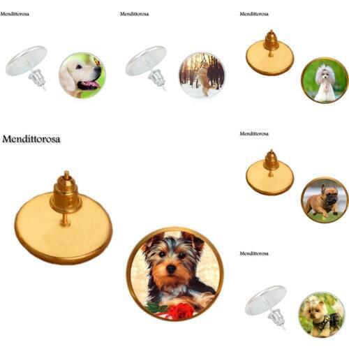 Cute Pet Dogs Labrador Bulldog Poodle Glass Cabochon Jewelry With Statement Bronze/Silver/Golden Clip Ear Hook Stud Earrings