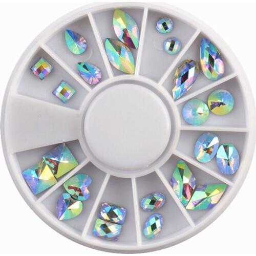 MIOBLET 1 Box Mixed Size 24pcs AB Color Crystal Nail Rhinestone Heart Water Drop Square Manicure Nail Art 3D Decoration in Wheel