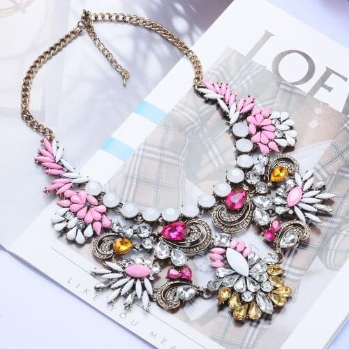 Fashion Brand Rhinestone Multicolored Bohemian Good Quality Chunky Collar Women Choker Maxi Pink Statement Necklace Jewelry