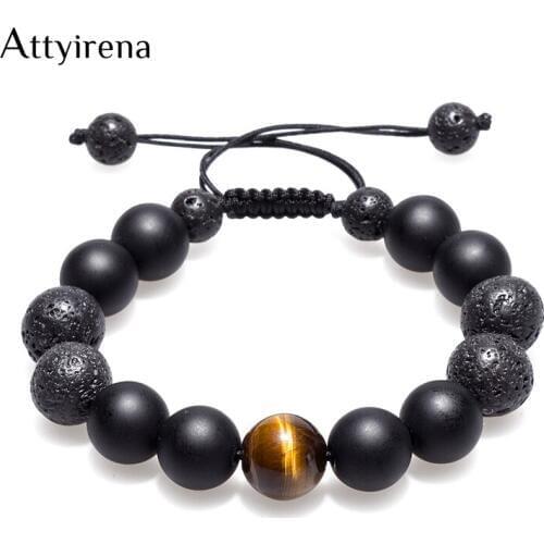 Bracelets Men Bracelet Pulseira Masculina 12mm Tiger Eye Beads Brading Macrame Bracelet Black Volcanic Men Jewelry Dropshipping