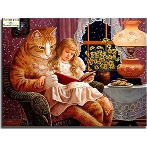 Peter ren DIY Diamond painting Beautiful girl cat book square mosaic icon Full rhinestones Diamond Embroidery picture Crafts kit