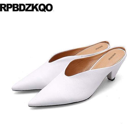 Pointed Toe Pumps White Medium Heels Block Cool Suede Women Fashion 2018 Summer Shoes Mules Slipper Genuine Leather High Sandals