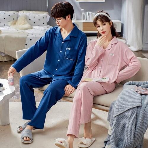 Thick Warm Couple Pajamas Set Winter Cotton Cartoon Sweet Turn-down Collar Long Sleeve Homewear Leisure Simple Couple Sleepwear