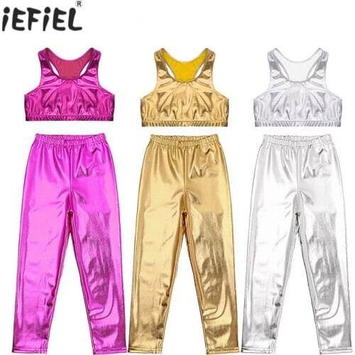 Kids Girls Shiny Metallic Sleeveless Racer Back Crop Top with Skinny Pants Outfits for Dance Competitions Performances Costumes