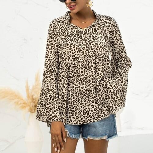 Casual Leopard Print Flared Long Sleeve Tshirt Womens Autumn Winter V Neck Lace Up Ruffles Loose Chic Ladies Pullover Tee Shirt