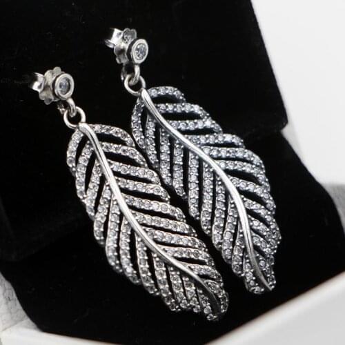 Original Statement Feathers With Crystal Studs Earrings For Women 925 Sterling Silver Earring Wedding Gift DIY Europe Jewelry
