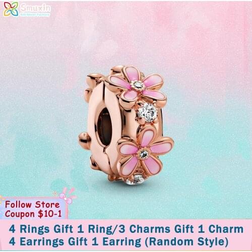 Smuxin 925 Sterling Silver Pink Daisy Spacer Clip Charm fit Original Pandora Bracelets for Women Jewelry Making Girl DIY Jewelry