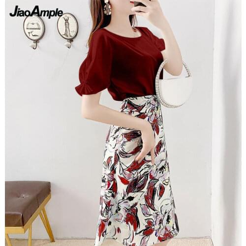 Summer Womens Dress 2021 New Suit Fashion Slim Shirt T-shirt Printed Midi Skirt Two-piece Korean Elegant Plus Size Dresses Set