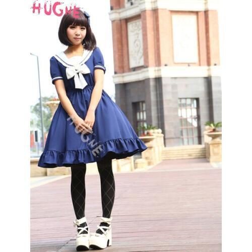 Sweet Lolita Dress with bow Blue Sailor Style Girl Asibuto Penta OP Japanese summer One Piece Lolita Dresses