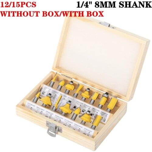 12/15pcs Milling Cutter Set Corner Round Router Bit Straight End Mill Trimmer Cleaning Flush Cove Box Bit - 6.35mm 8mm Shank