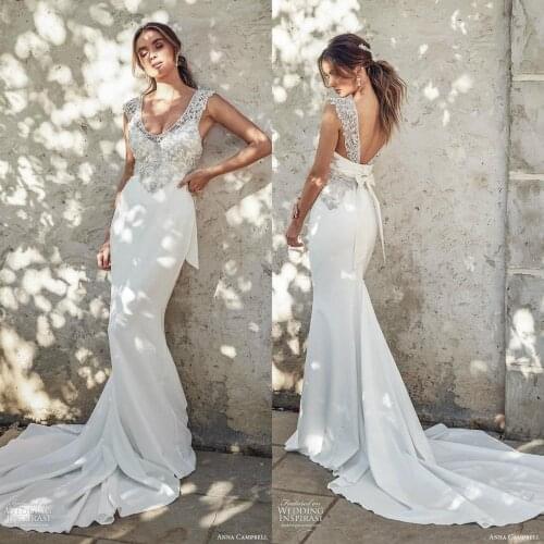 2020 Bead Wedding Dresses V Neck Sexy Backless Sweep Train Mermaid Wedding Dress Bridal Gowns Plus Size Abiti Da Sposa